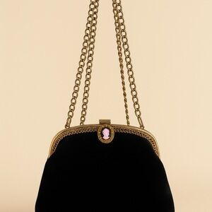 Vintage 1960’s black handbag with pink Cameo Mid century Mod retro purse